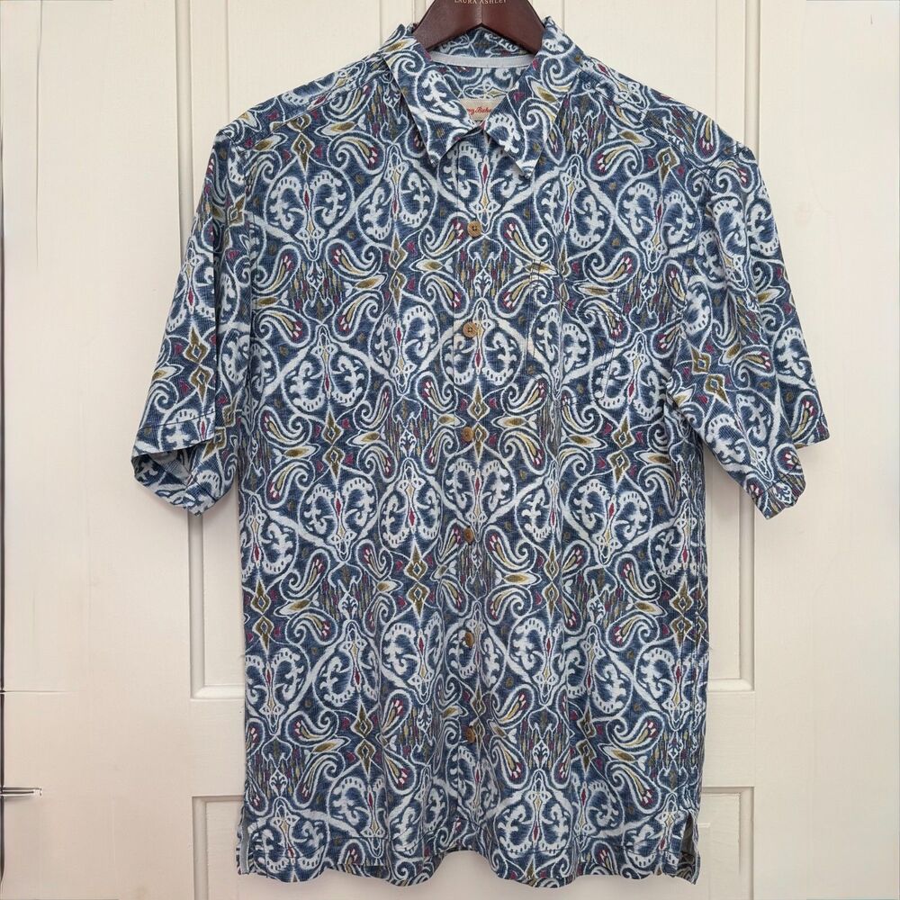 Tommy Bahama 100% silk camp shirt mens M blue paisley resortwear vacation summer